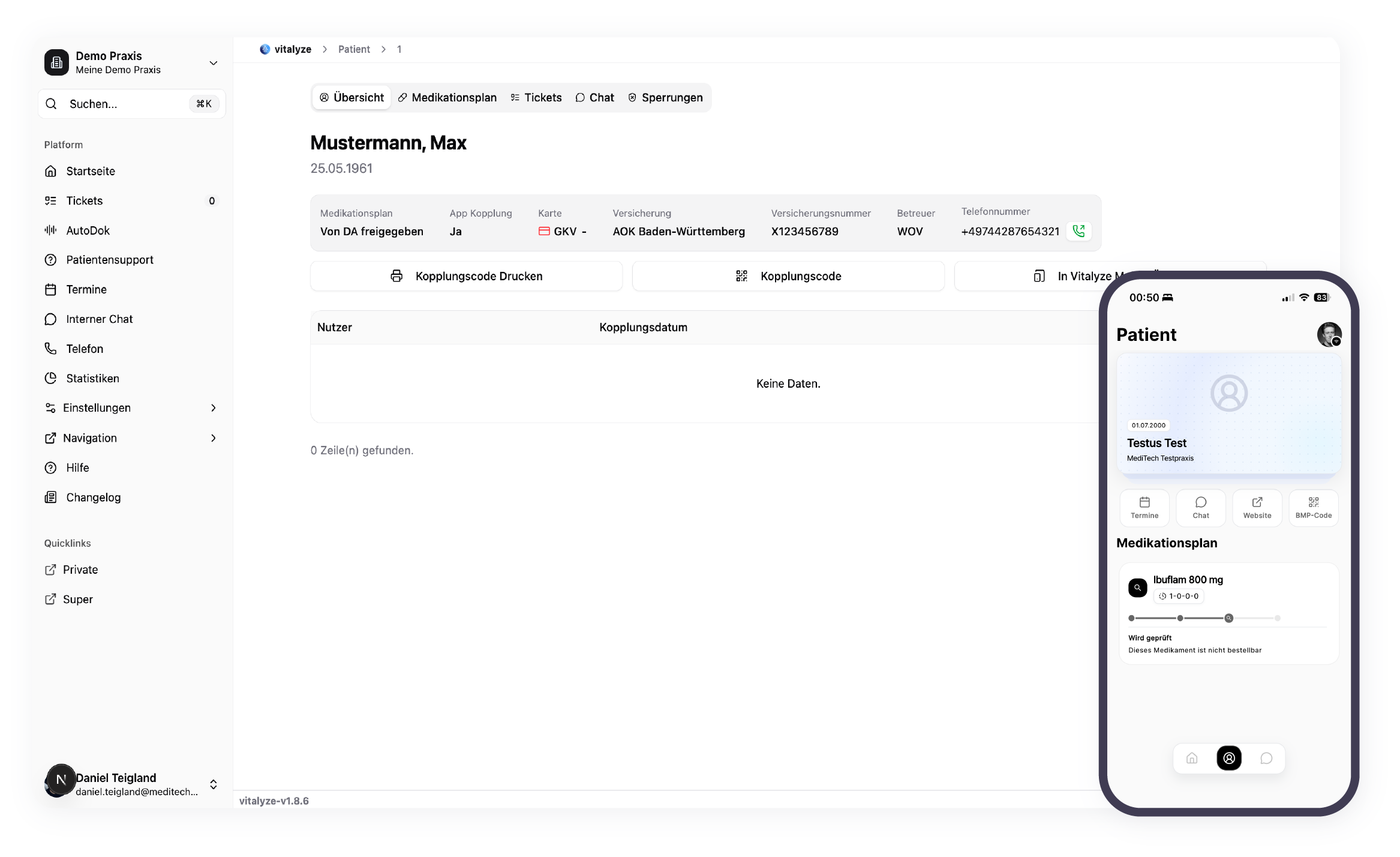 Screenshots der vitalyze Praxis-Dashboard und automedic Patienten-App Benutzeroberfläche